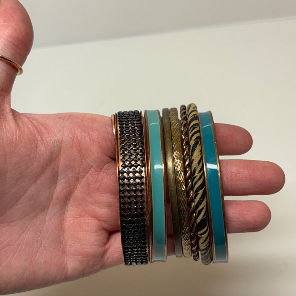 Mixed Metal Teal Enamel Zebra Print Bangle Bracelet Stack Set of 7